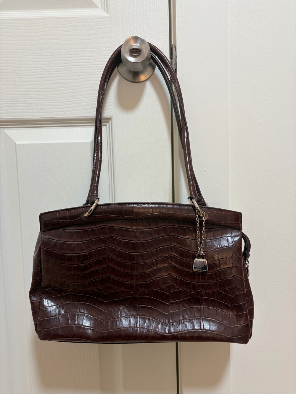 Jones New York Croc-Embossed Dark Brown Shoulder Bag with Chain Charm